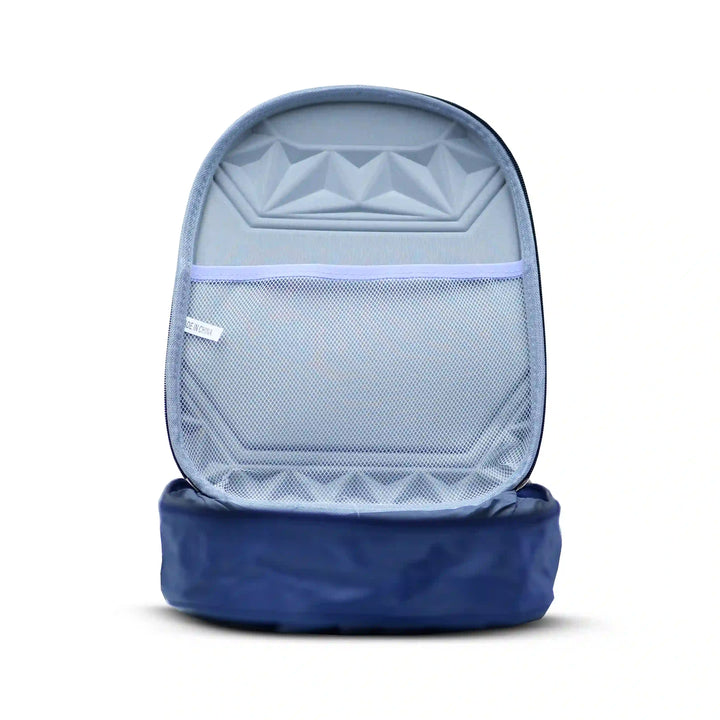 Blue backpack with a mesh side pocket on a white background