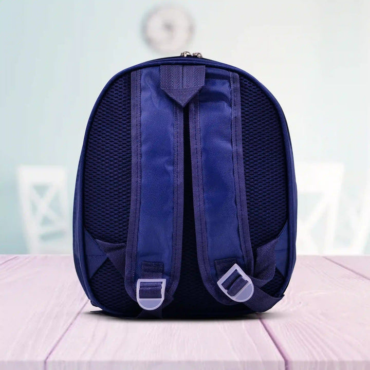 back view of batman edition Navy blue backpack on a  blurred background