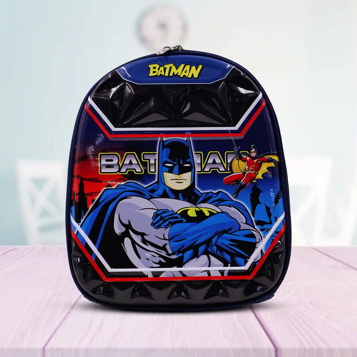 Front view of Batman backpack with superhero design on a light background