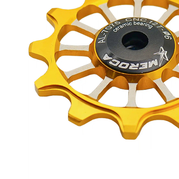 Meroca Mtb Road Bike Gear Derailleur Pulley Ceramic Aluminium Alloy Jockey Wheel Guide Pulley Wheel 12-t yellow close view