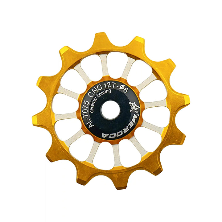 Meroca Mtb Road Bike Gear Derailleur Pulley Ceramic Aluminium Alloy Jockey Wheel Guide Pulley Wheel 12-t yellow front view