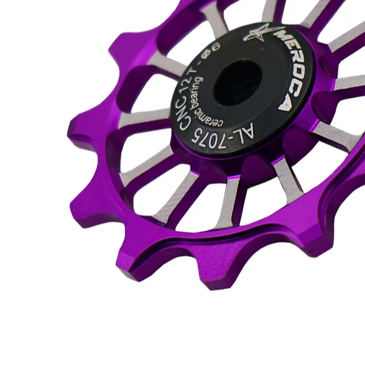 Meroca Mtb Road Bike Gear Derailleur Pulley Ceramic Aluminium Alloy Jockey Wheel Guide Pulley Wheel 12-t purple close view