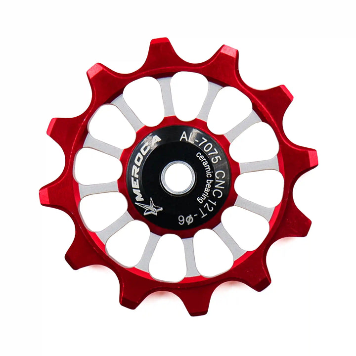 Meroca Mtb Road Bike Gear Derailleur Pulley Ceramic Aluminium Alloy Jockey Wheel Guide Pulley Wheel 12-t red front view