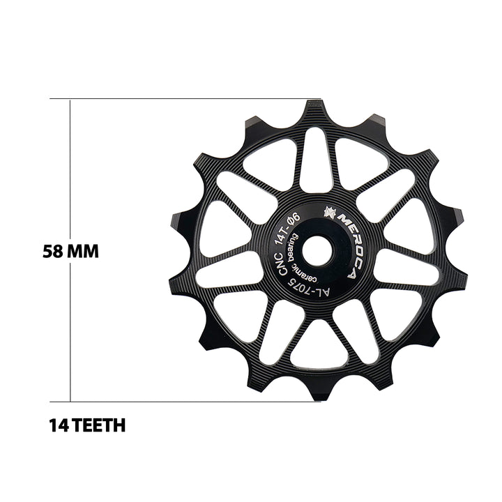 Meroca Mtb Road Bike Gear Derailleur Pulley Ceramic Aluminium Alloy Jockey Wheel Guide Pulley Wheel 14-T black teeth view