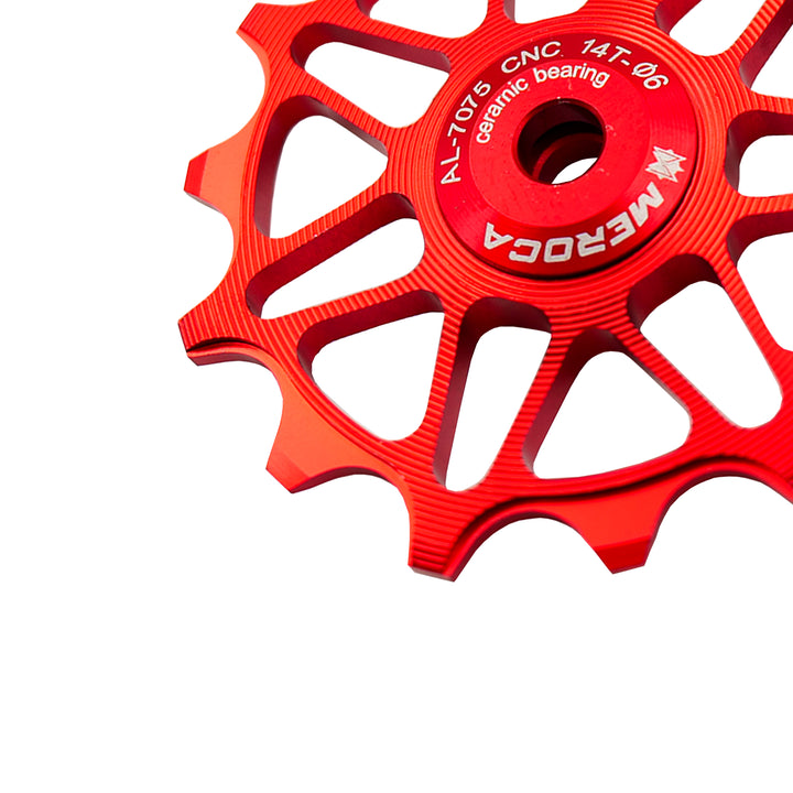 Meroca Mtb Road Bike Gear Derailleur Pulley Ceramic Aluminium Alloy Jockey Wheel Guide Pulley Wheel 14-T red close view