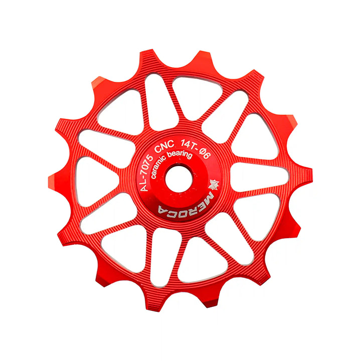 Meroca Mtb Road Bike Gear Derailleur Pulley Ceramic Aluminium Alloy Jockey Wheel Guide Pulley Wheel 14-T red front full view