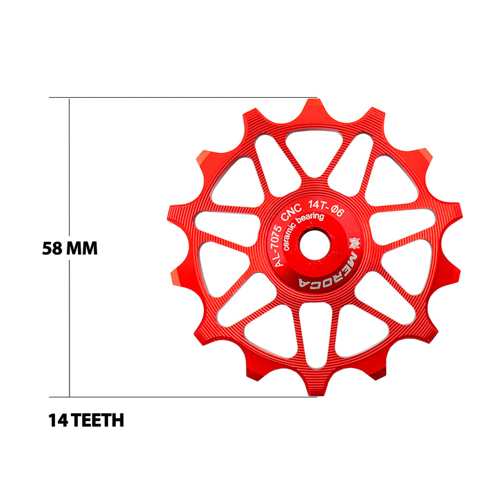 Meroca Mtb Road Bike Gear Derailleur Pulley Ceramic Aluminium Alloy Jockey Wheel Guide Pulley Wheel 14-T red teeth view