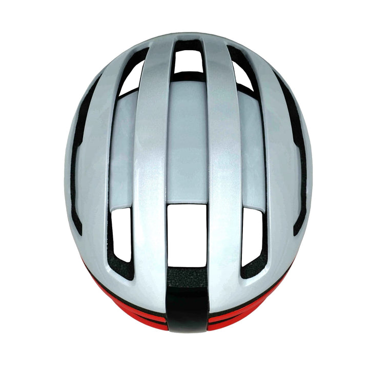 Recon bicycle helmet orange grey top view