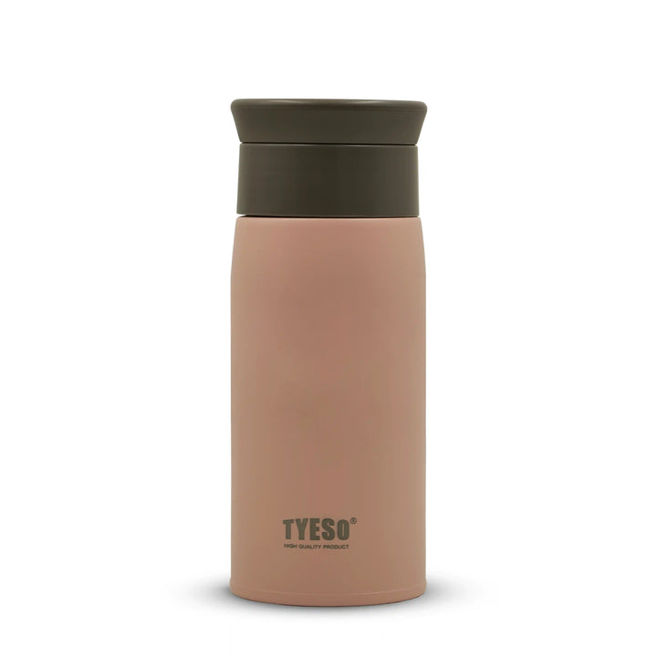 pink thermos bottle with Brown lid on a white background