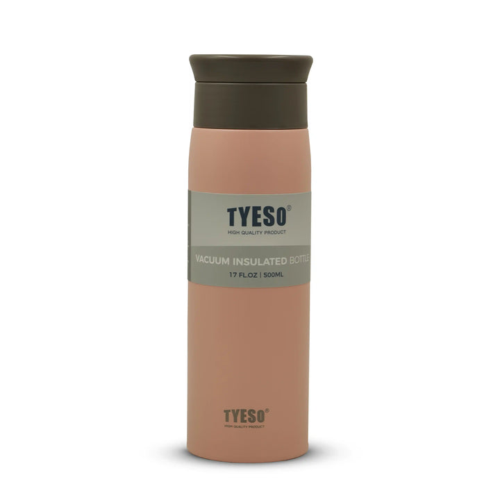 TYESO vacuum insulated bottle with a beige body and brown lid on a white background