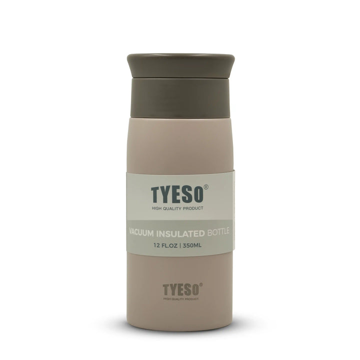 Tyeso vacuum insulated bottle with pink body and brown lid on a white background