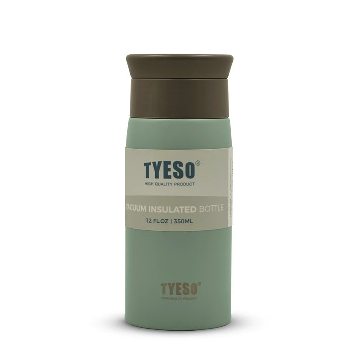 Green and brown lid TYESO vacuum insulated bottle on a white background