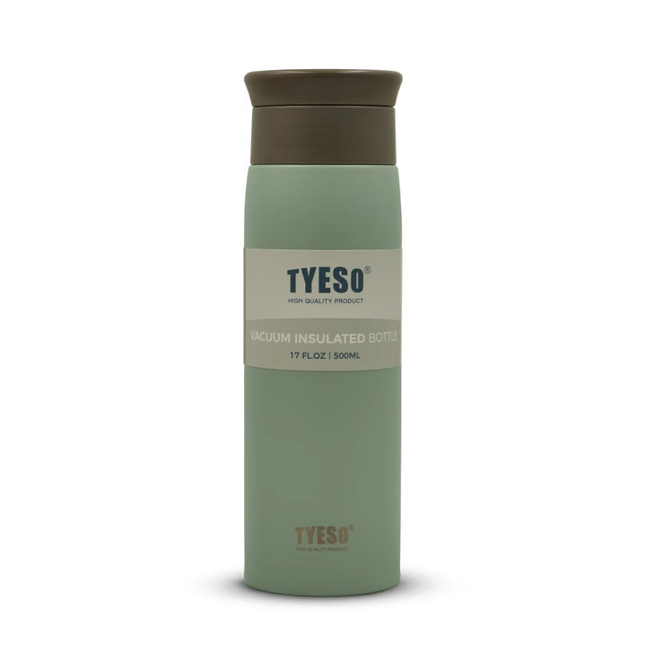Green and brown TYESO vacuum insulated bottle on a white background