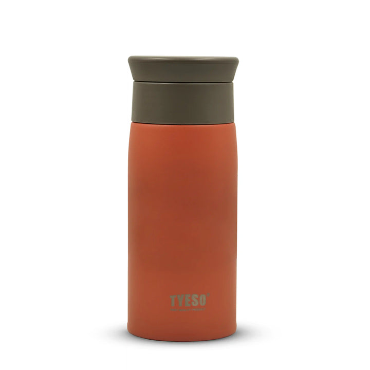 Orange thermos with a brown lid on a white background