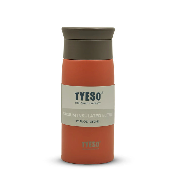 Orange and brown vacuum insulated bottle with 'TYESO' branding on a white background