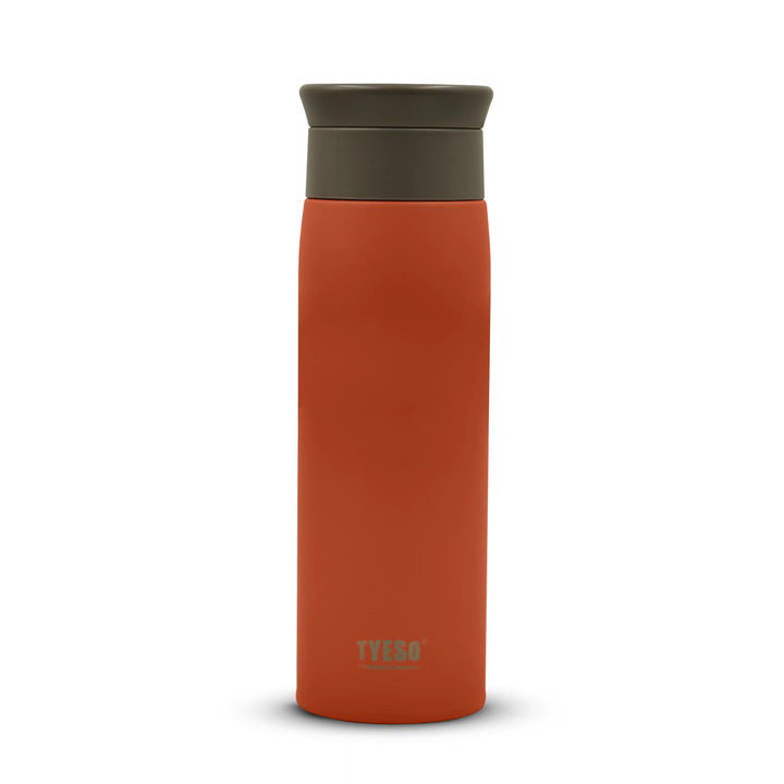 Orange TYSEO insulated vaccum bottle with a green lid on a white background