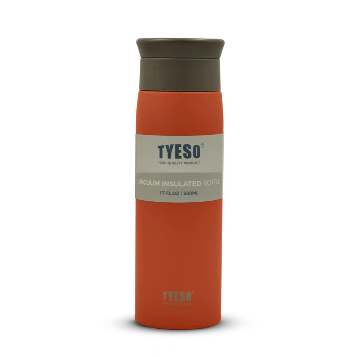 Orange and gray vacuum insulated bottle with 'TYESO' branding on a white background