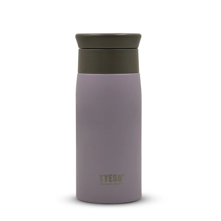 Purple TYESO vacuum insulated bottle with Brown lid on a white background