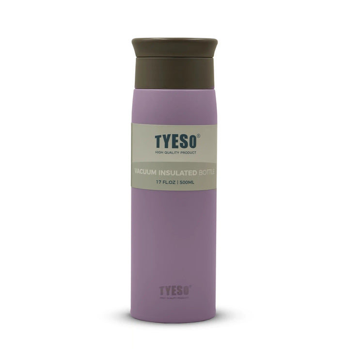 Purple TYESO vacuum insulated bottle with brown lid on a white background