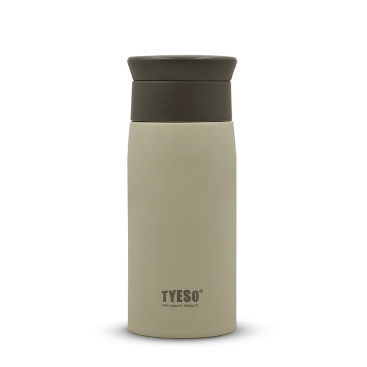 Beige TYESO vacuum-insulated bottle with a brown lid on a white background