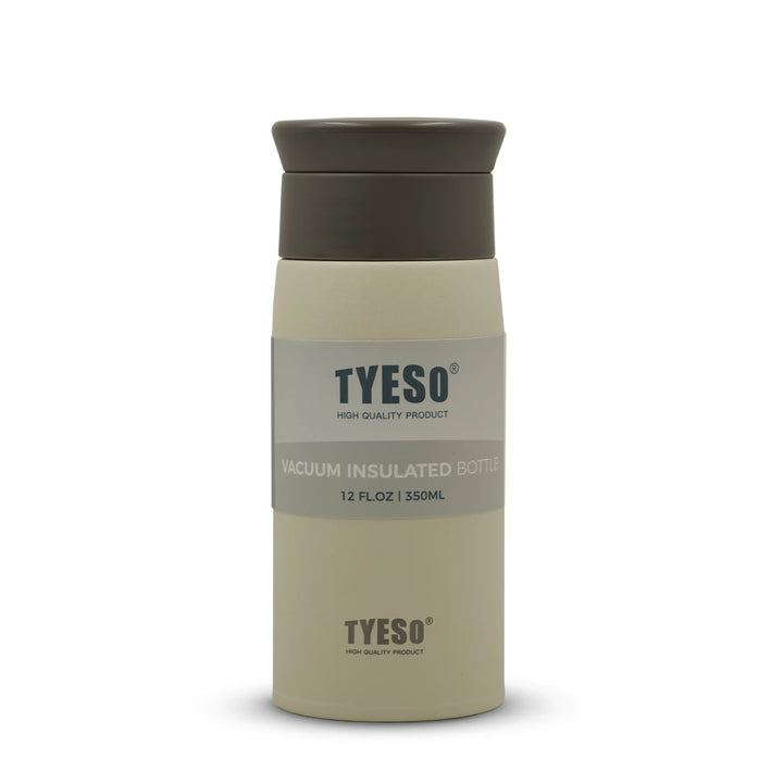 green and brown lid TYESO vacuum insulated bottle on a white background