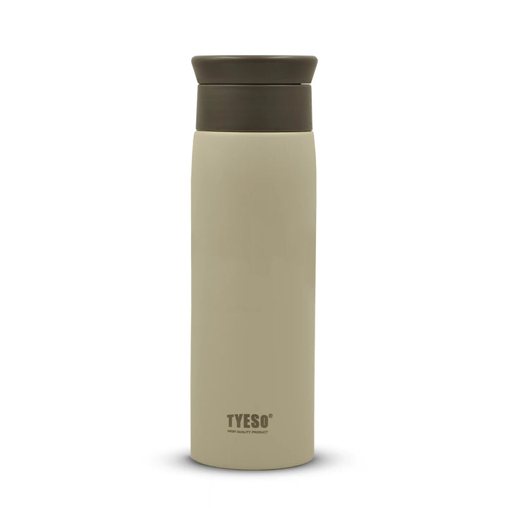 Beige and brown TYESO thermos bottle with on a white background