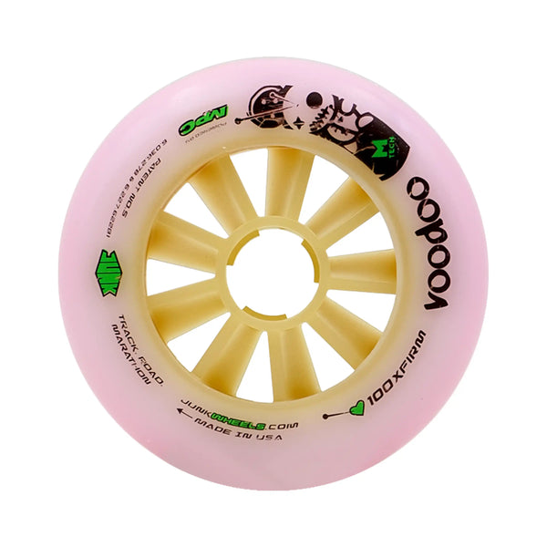 Pink and yellow scooter wheel with 'Yoodoo' branding on a white background