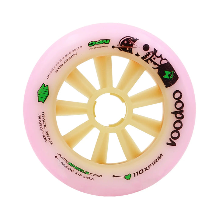 Pink and yellow scooter wheel with 'VooDoo' branding on a white background